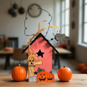 Vintage Spooky Hollow Wooden Halloween  Hand Painted Bird House Jack O' Lanterns